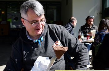 Mustak tasting the giant Toblerone